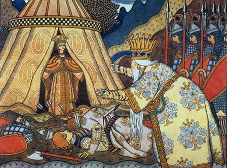 Tsar Dadon meets Shemakha
An illustration from Pushkin's "Tale of the Golden Cockerel"